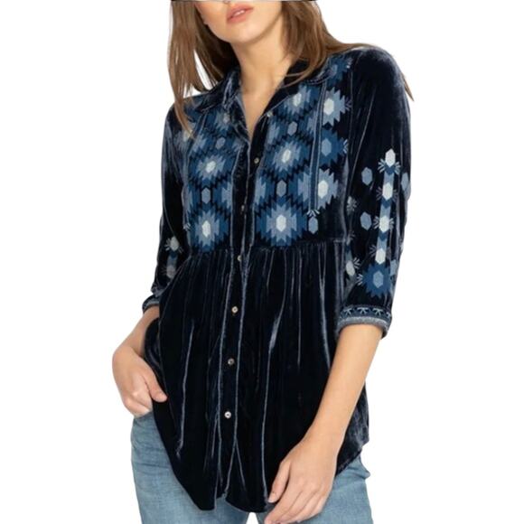 Johnny Was Blue Nomi Velvet Smock Button Down Shirt - Picture 2 of 11